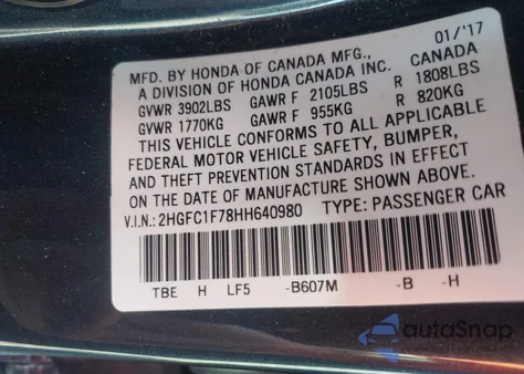 2017 Honda Civic Ex-L из США, поврежденный, VIN 2HGFC1F78HH640980